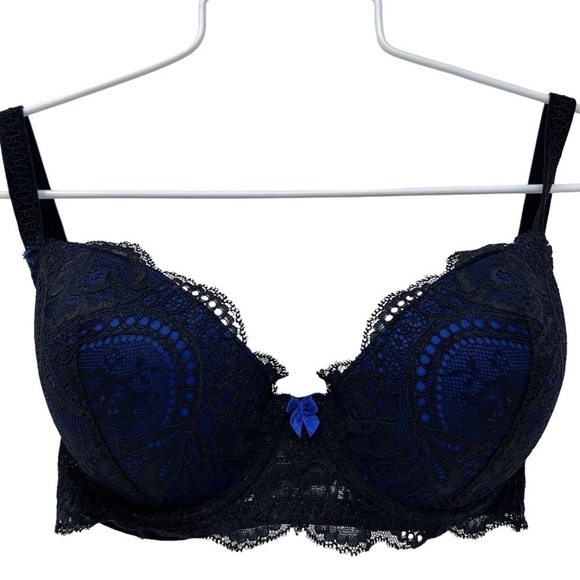 Le Mystere Isabella All Over Lace Bra Cobalt Blue Black Style 2535 Size 32E - Picture 6 of 12